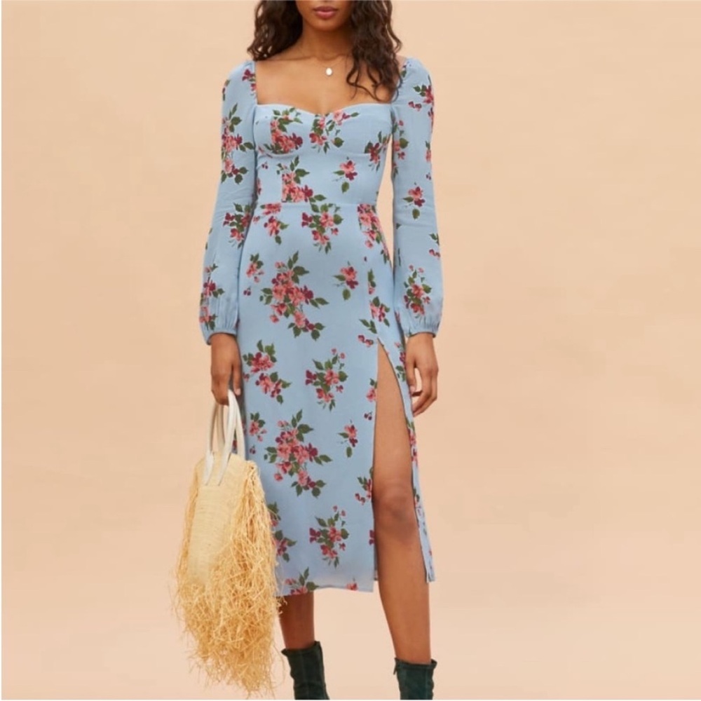 Reformation Shelby Bustier Blue Floral Midi Maxi Smocked Back High Slit Dress12